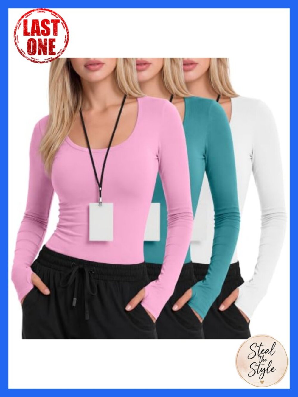 3 Pack Women Long Sleeve Underscrub Thumb Hole Scoop Neck Slim Fit